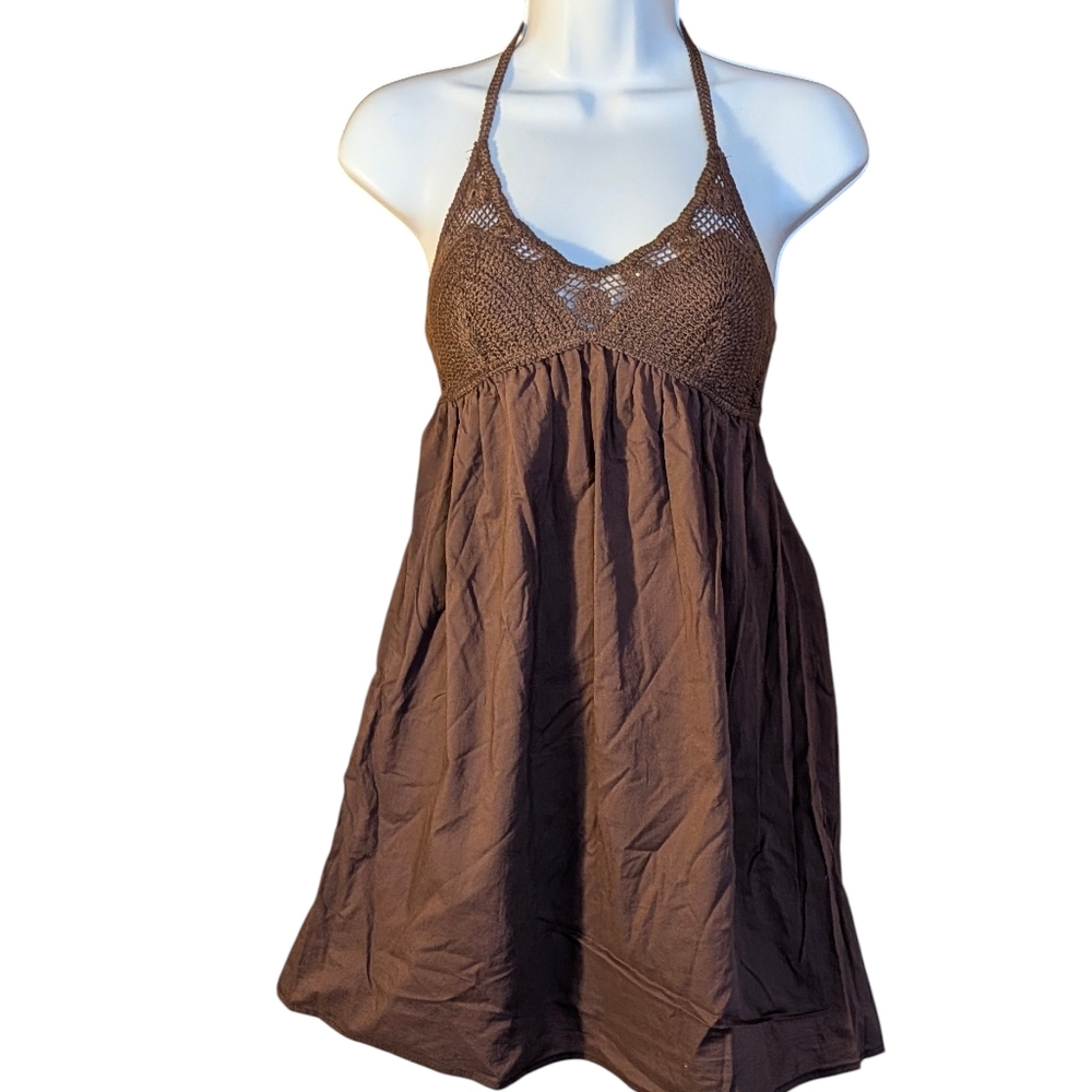 NWT Wild Fable Dark Brown Crochet Halter Mini Dress XXS Boho Forest Casual